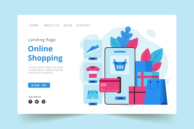 Flat design landing page online shopping template