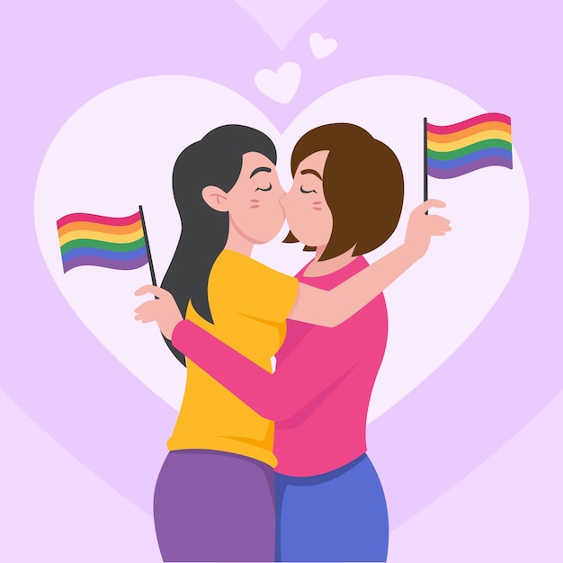 Flat design lesbian couple kiss illustrated