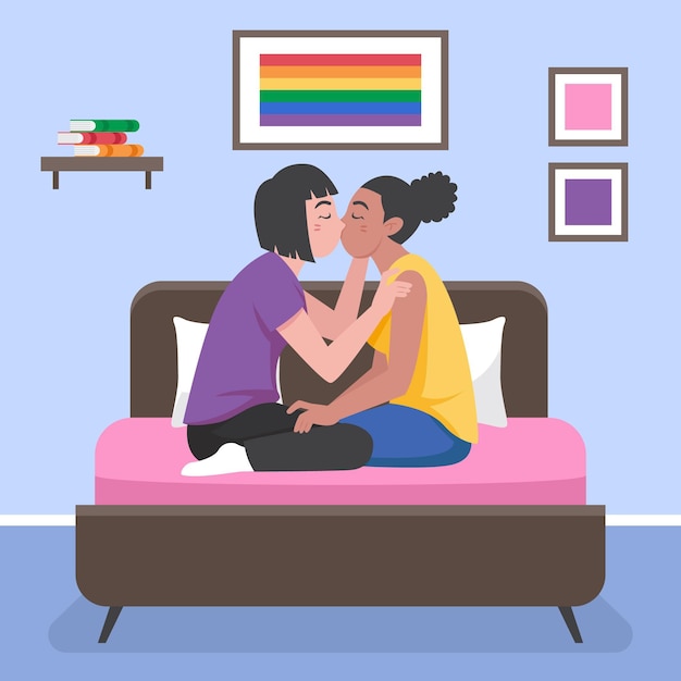 Flat design lesbian couple kiss illustrated