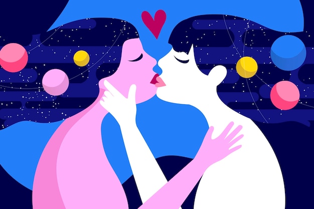 Flat design lesbian couple kiss illustration