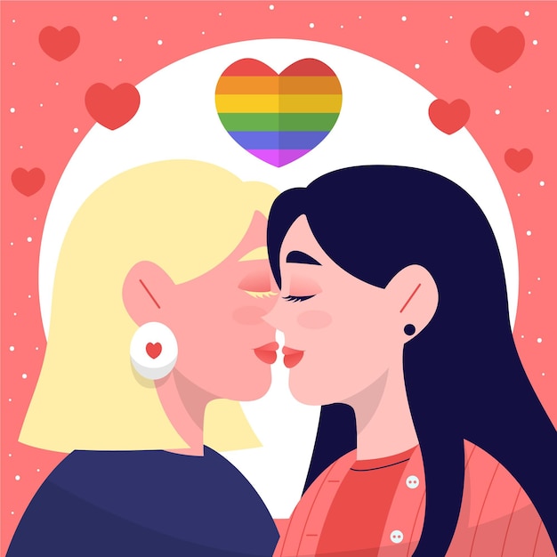 Flat design lesbian couple kiss illustration