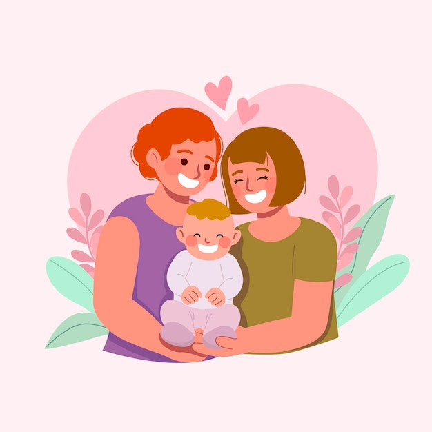 Flat design lesbian couple with child