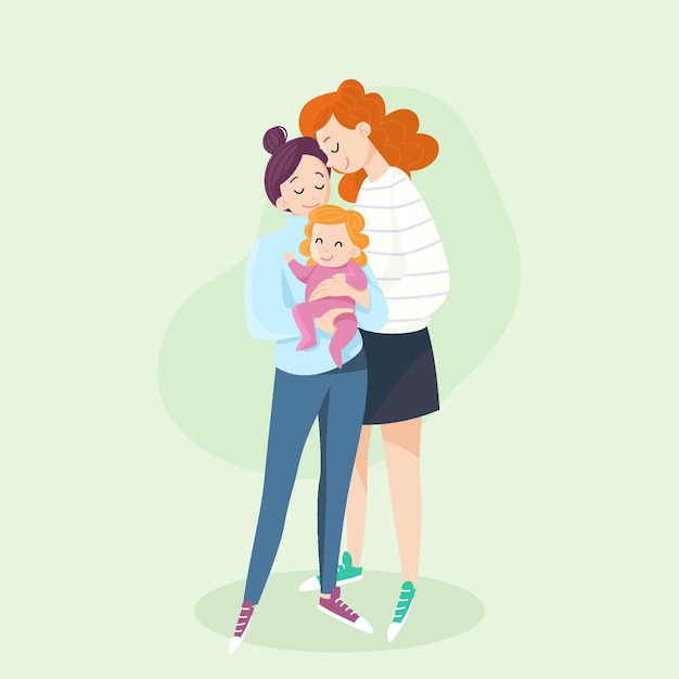 Flat design lesbian couple with child