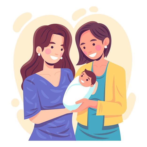 Flat design lesbian couple with their kid