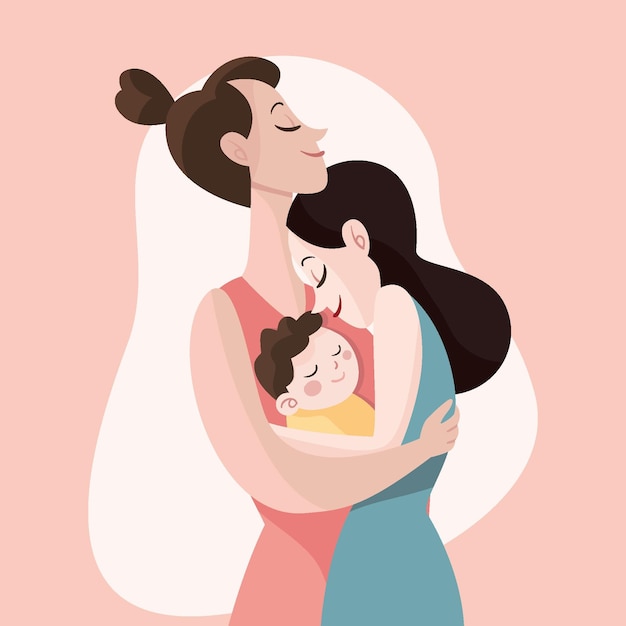 Flat design lesbian couple with their kid