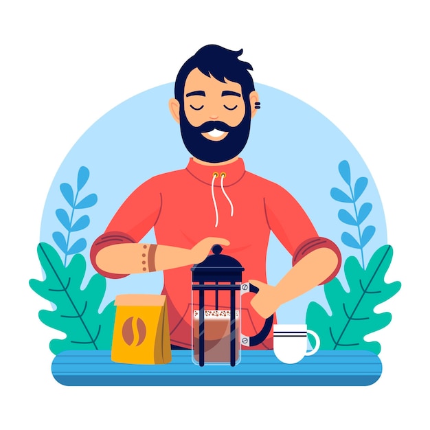 Flat design man making coffee illustration