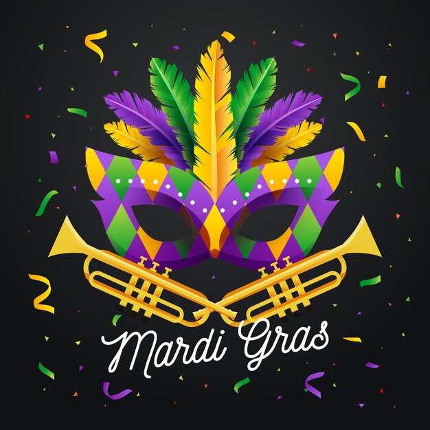 Flat design mardi gras mask with lettering