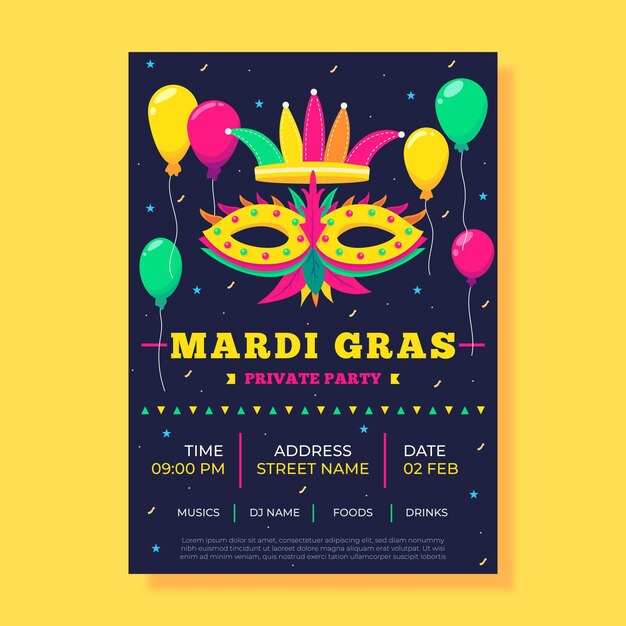 Flat design mardi gras poster template