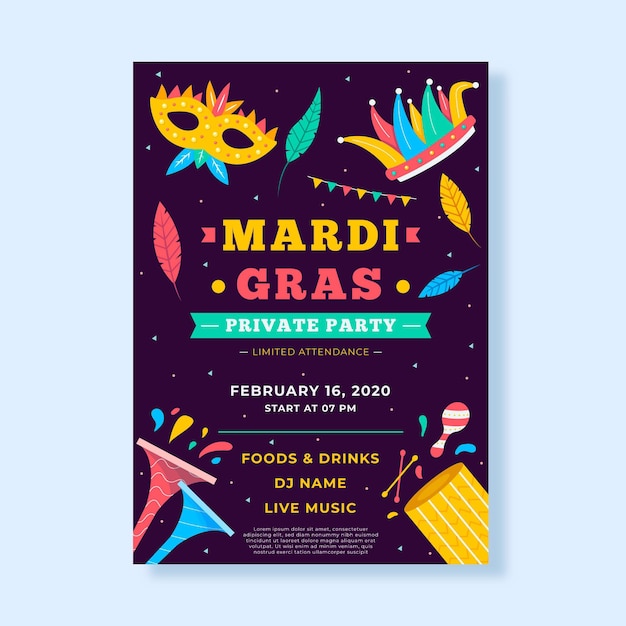 Free Vector flat design mardi gras poster template