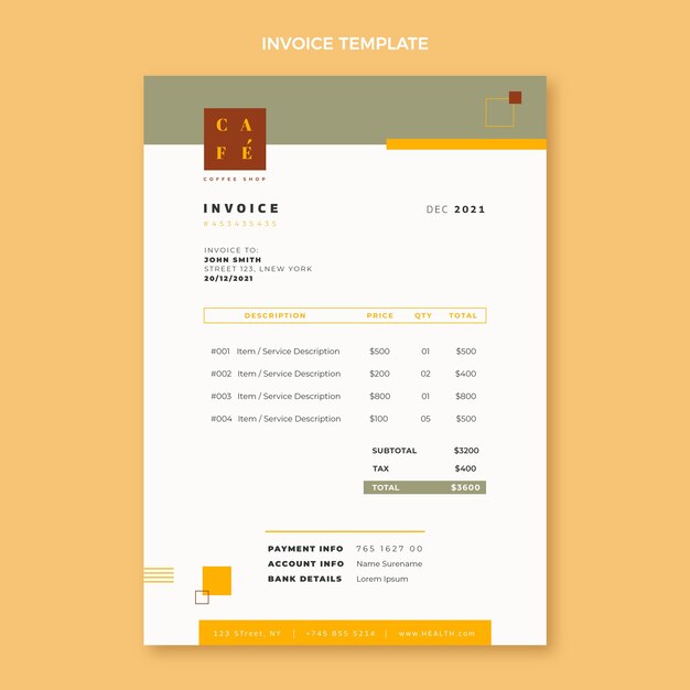 Flat design minimal coffee shop invoice template