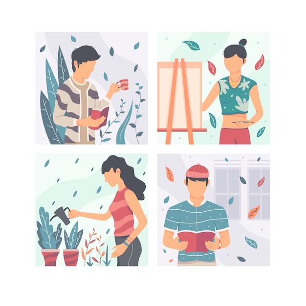 Flat design modern people doing cultural activities set