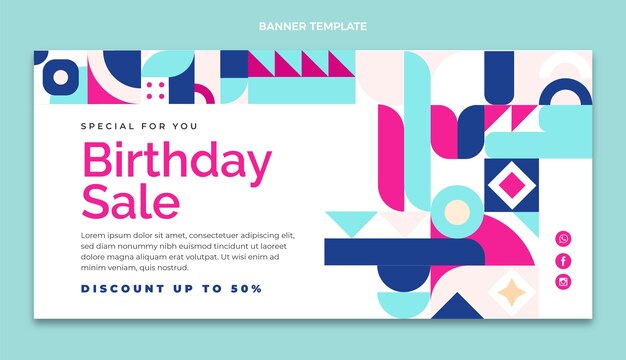 Flat design mosaic birthday sale banner