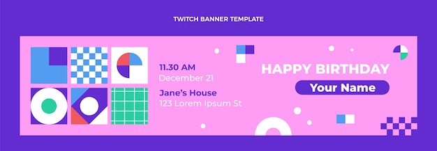 Flat design mosaic birthday twitch banner template