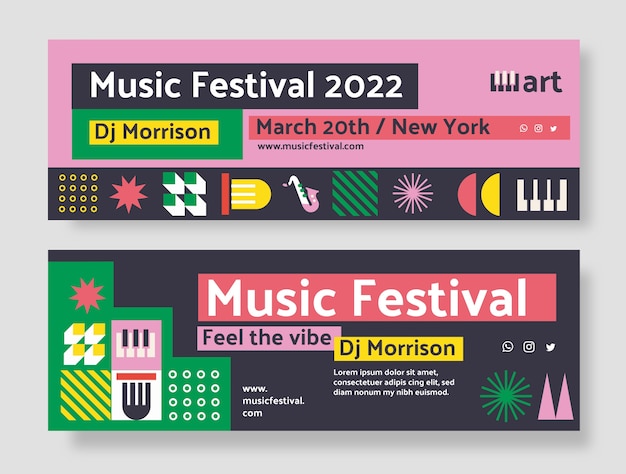 Flat design mosaic music festival banners horizontal