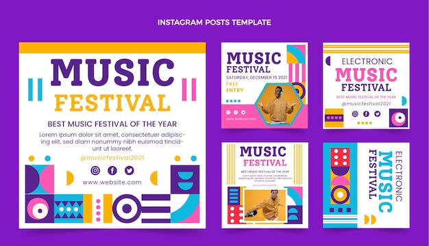 Flat design mosaic music festival instagram posts