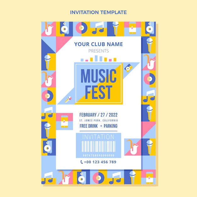 Flat design mosaic music festival invitation