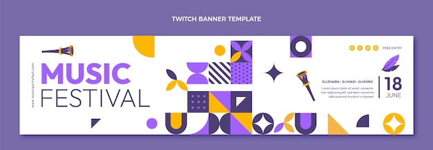 Flat design mosaic music festival twitch banner