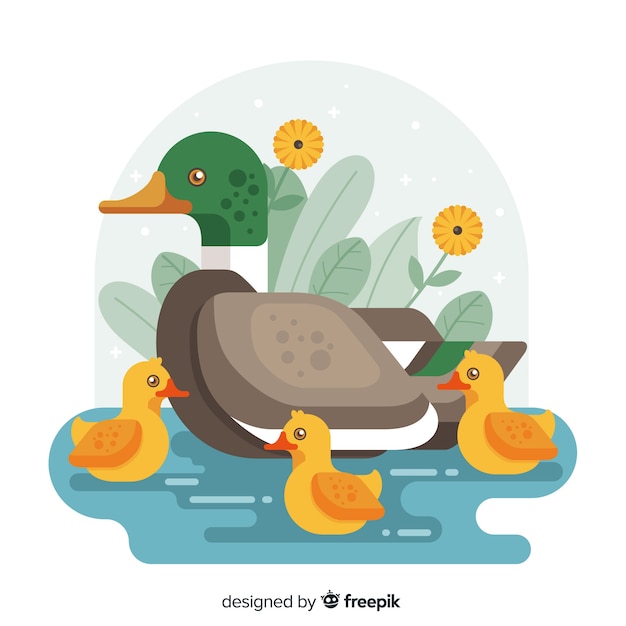 Flat design mother duck and ducklings