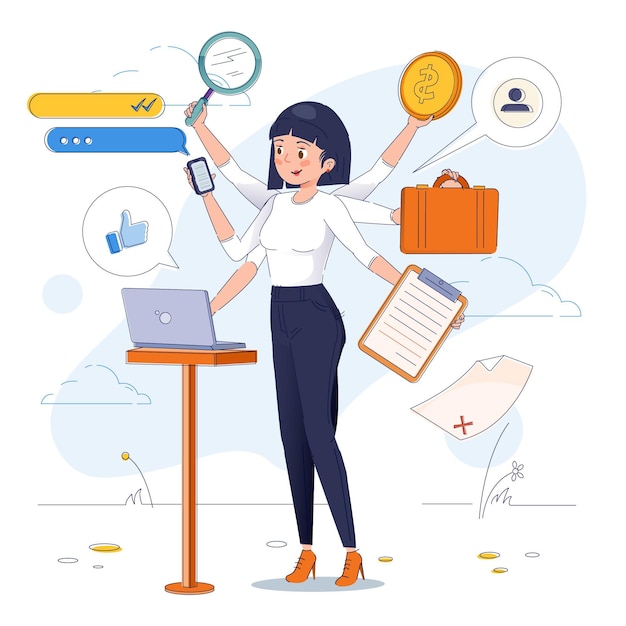 Flat design multitask business woman