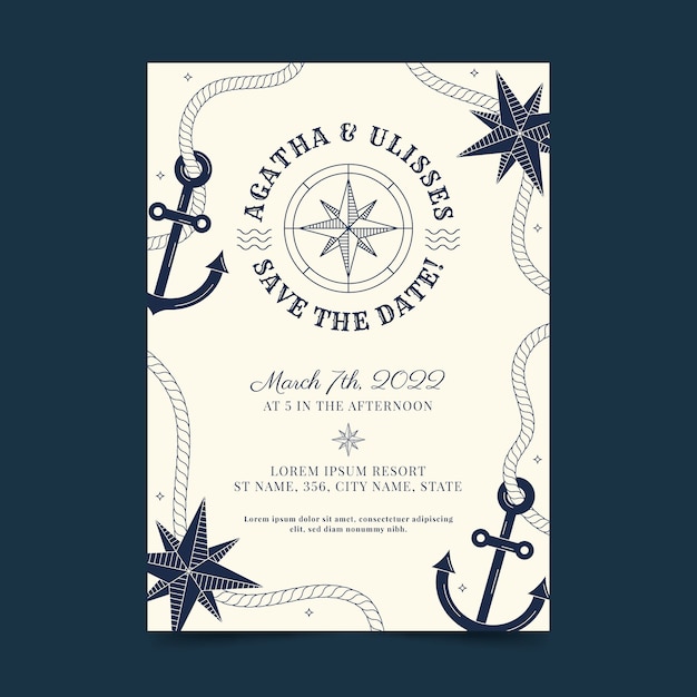 Free Vector flat design nautical wedding invitation