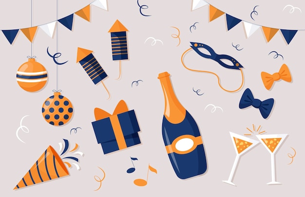 Flat design new year party element collection