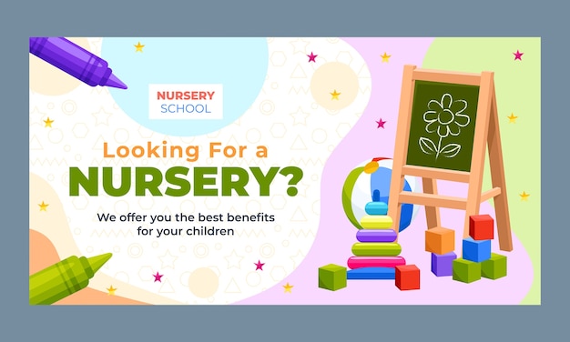 Flat design nursery school facebook template