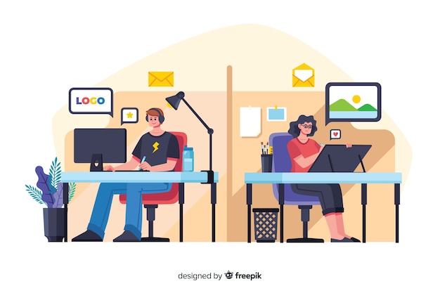 Flat design office workers sitting at desks