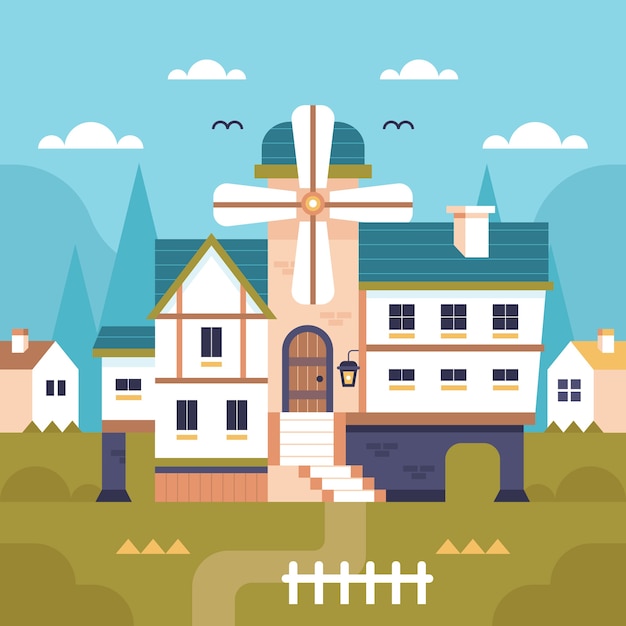 Flat design old village illustration