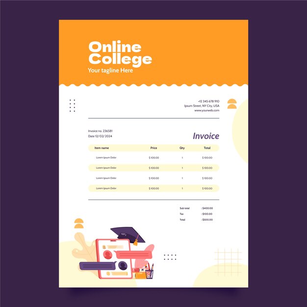 Flat design online college invoice