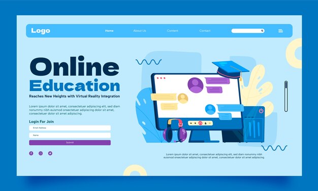 Flat design online college landing page template