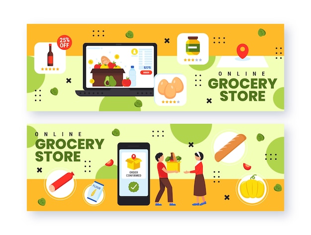 Flat design online grocery store horizontal banner