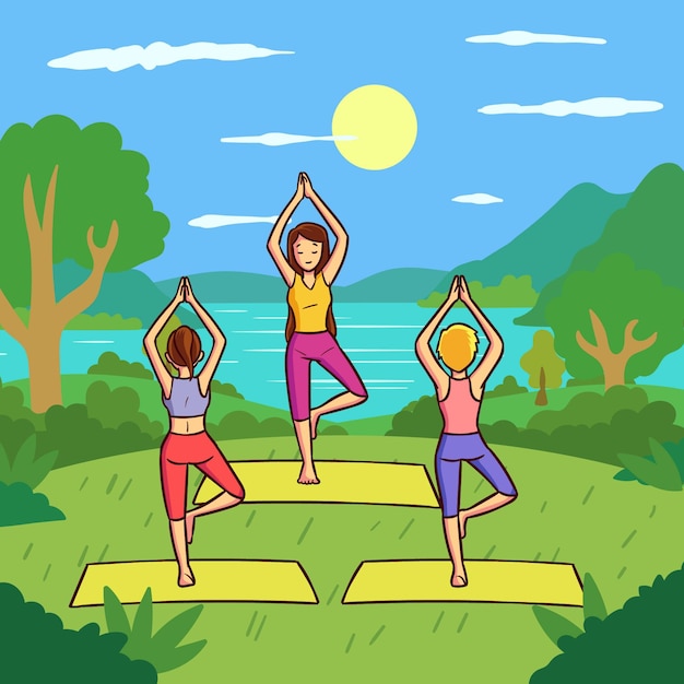 Flat design open air yoga class