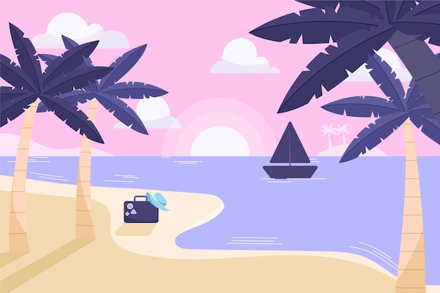 Free Vector flat design palms with boat on water background