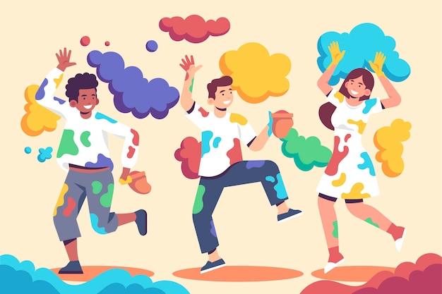 Flat design people celebrating in colors holi festival