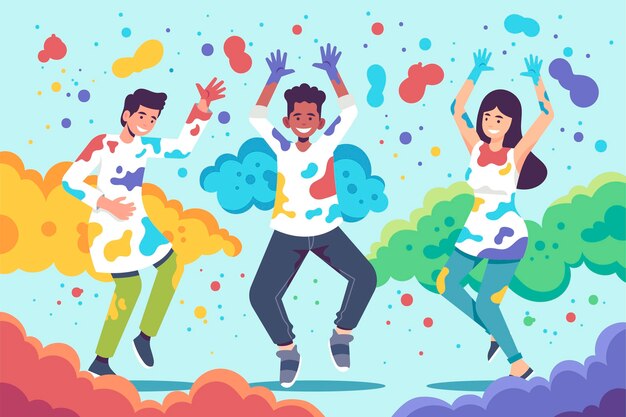 Flat design people dancing in colors holi festival