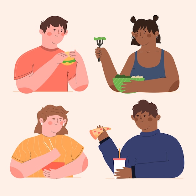 Flat design people eating tasty food collection