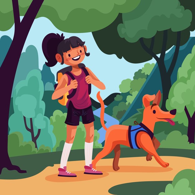 Flat design people in the forest illustration