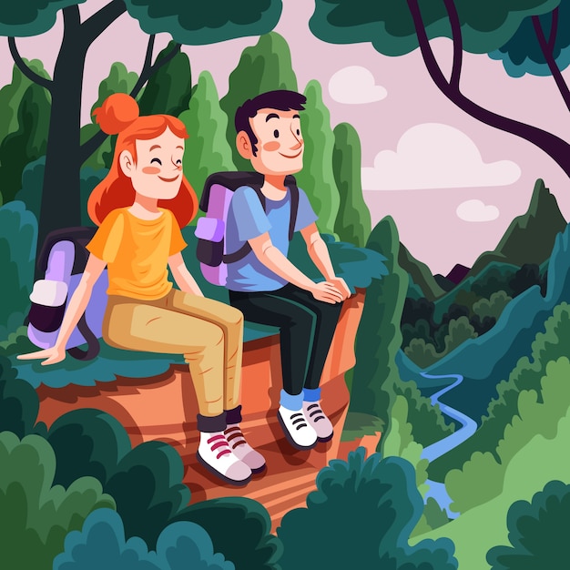 Flat design people in the forest illustration