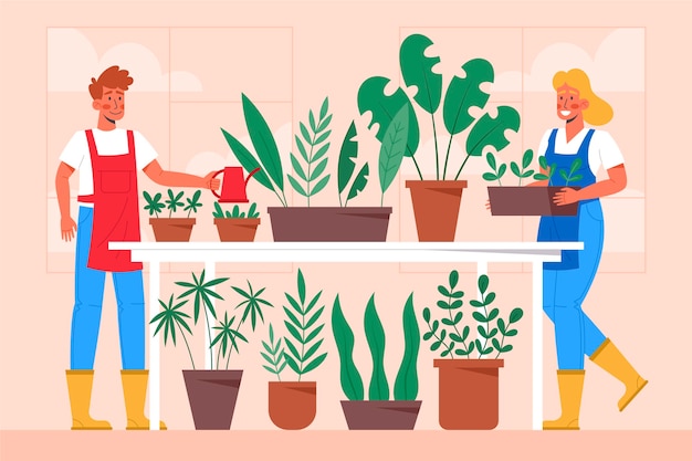 Flat design people gardening together