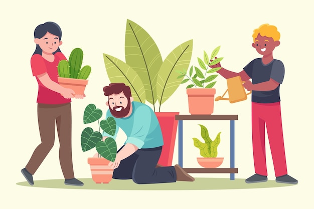 Flat design people taking care of plants together