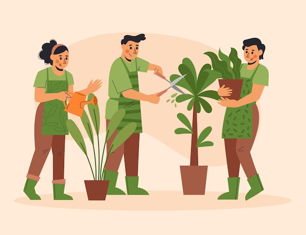 Flat design people taking care of plants