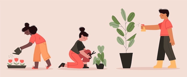 Flat design people taking care of plants