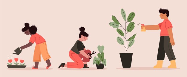 Flat design people taking care of plants