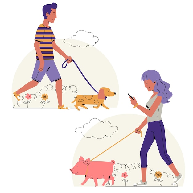 Flat design people walking pets