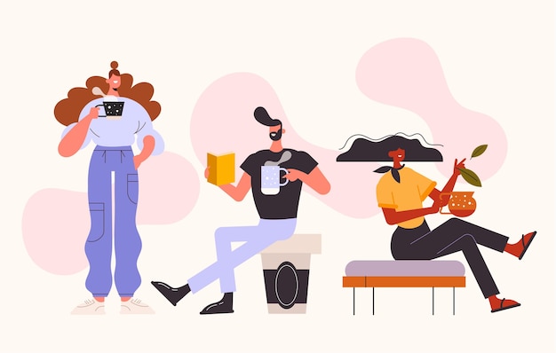 Flat design of people with hot drinks