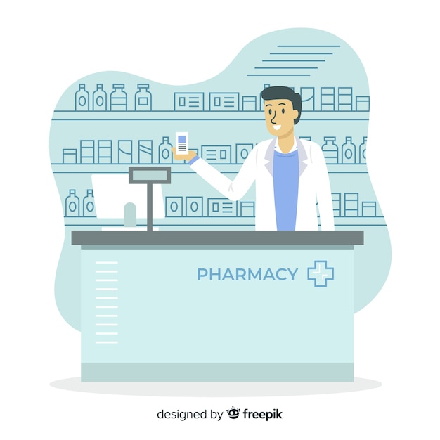 Flat design pharmacist serving customers