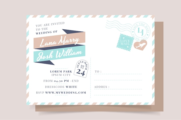 Flat design postcard wedding invitations