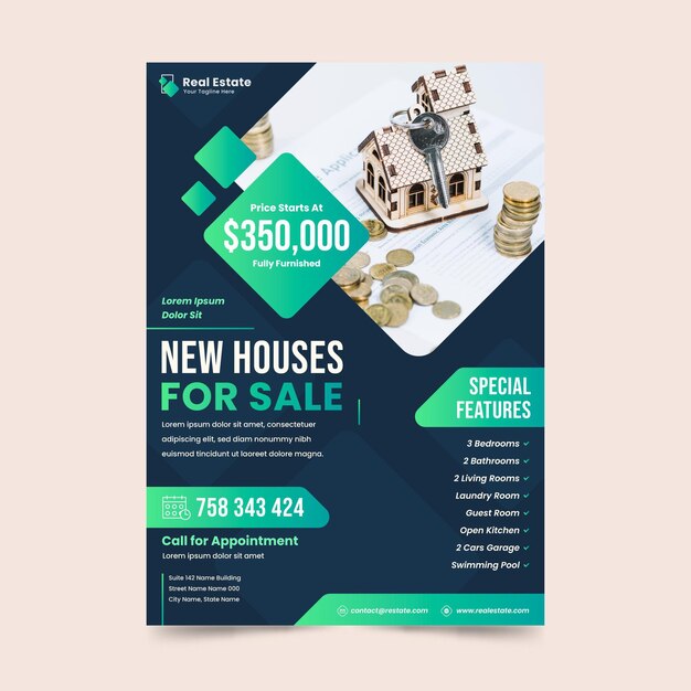 Flat design real estate poster template with photo