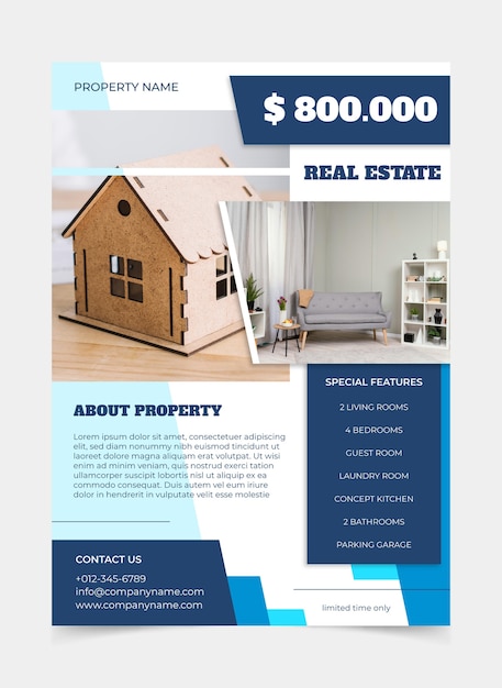 Flat design real estate poster with photo ready to print