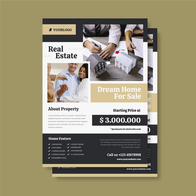 Flat design real estate poster with photo ready to print